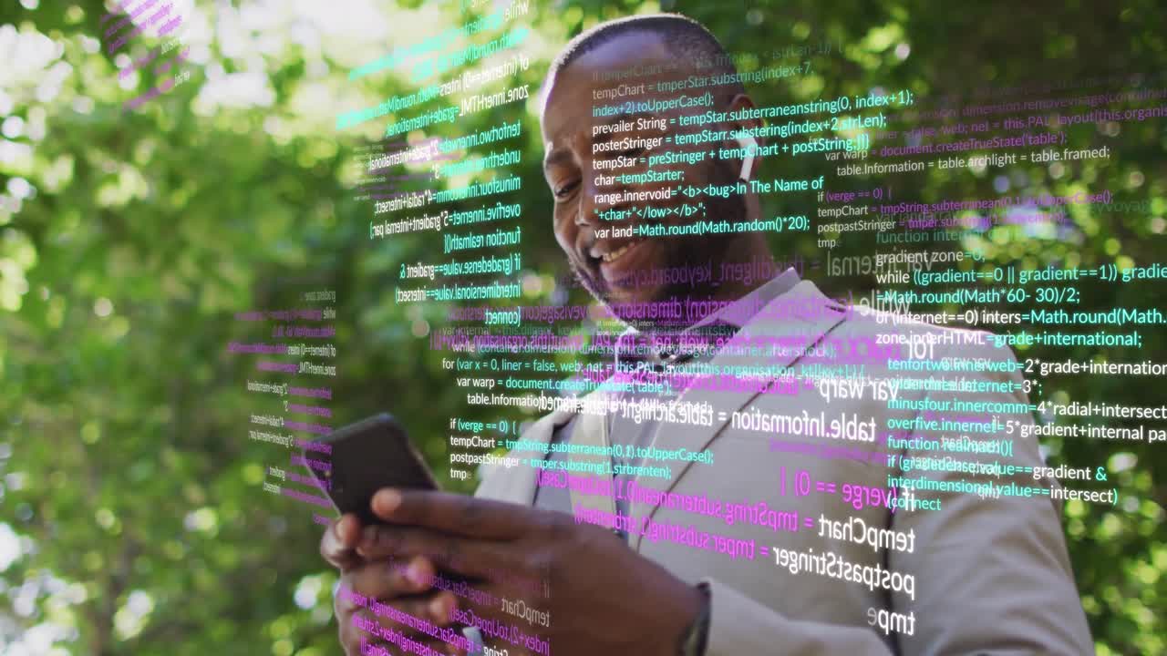Animation of data processing over african american businessman using smartphone