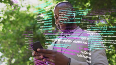 animation of data processing over african american businessman using smartphone