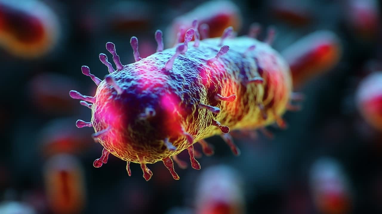 Bacterium glowing under microscope lens. A colorful bacterium observed under a microscope showcases its unique structure and characteristics.