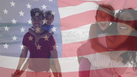 animation of flag of united states of america over biracial couple carrying children piggyback