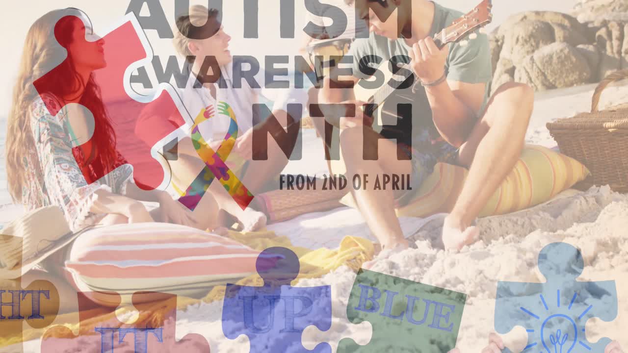 여름 해변 파티에서 행복한 친구들 위에 다채로운 퍼즐 조각과 자폐증 텍스트의 애니메이션