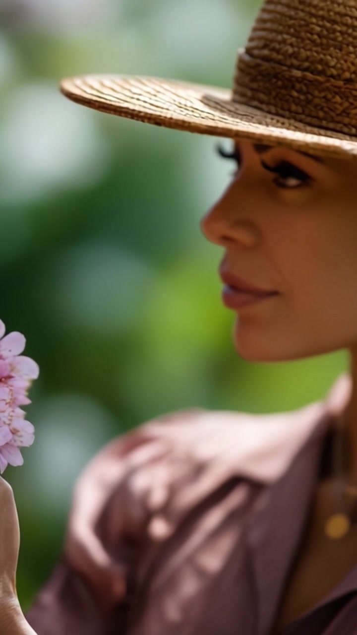 Una donna con un cappello di paglia che osserva delicatamente un fiore, catturando l'essenza della natura con grazia ed eleganza in un sereno ambiente floreale.