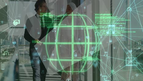 animation of globes and connected icons over diverse coworkers discussing while walking in corridor