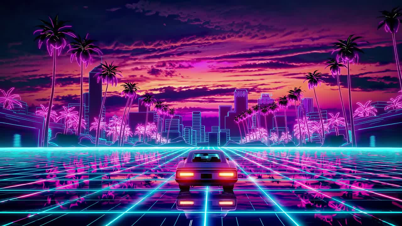 Concetto video retro-futuristico con una visuale dal basso di un'auto su una strada a griglia al neon