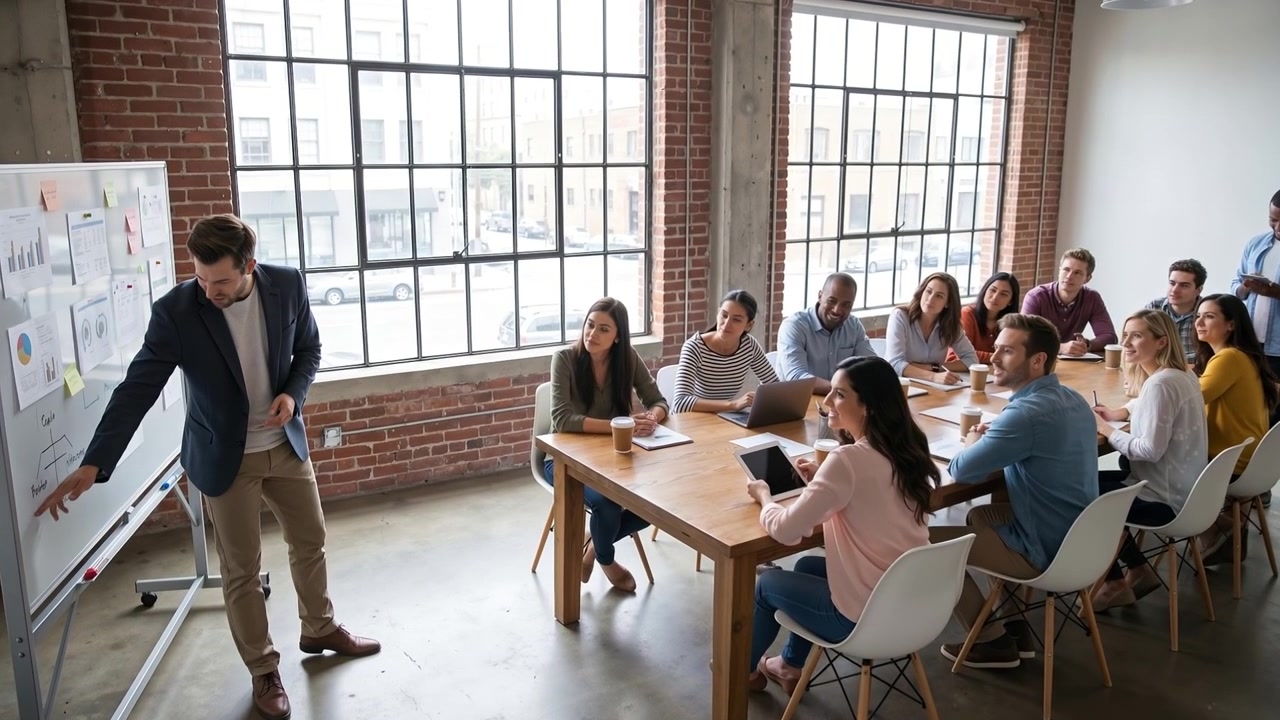 Professionista uomo che conduce una presentazione aziendale su una lavagna bianca per un gruppo di colleghi in un loft illuminato dal sole