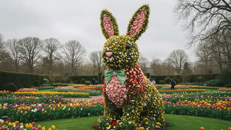 a majestic floral bunny statue decorates the garden, surrounded by vibrant tulips and lush greenery, creating a whimsical easter celebration in full bloom