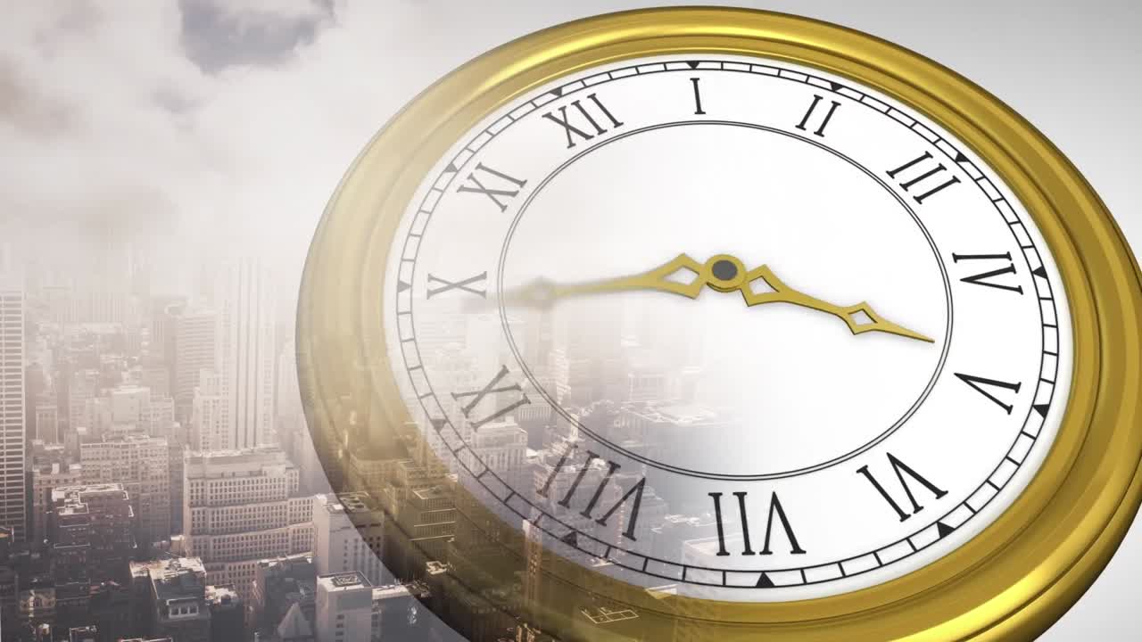 도시 풍경 위로 움직이는 시계의 애니메이션