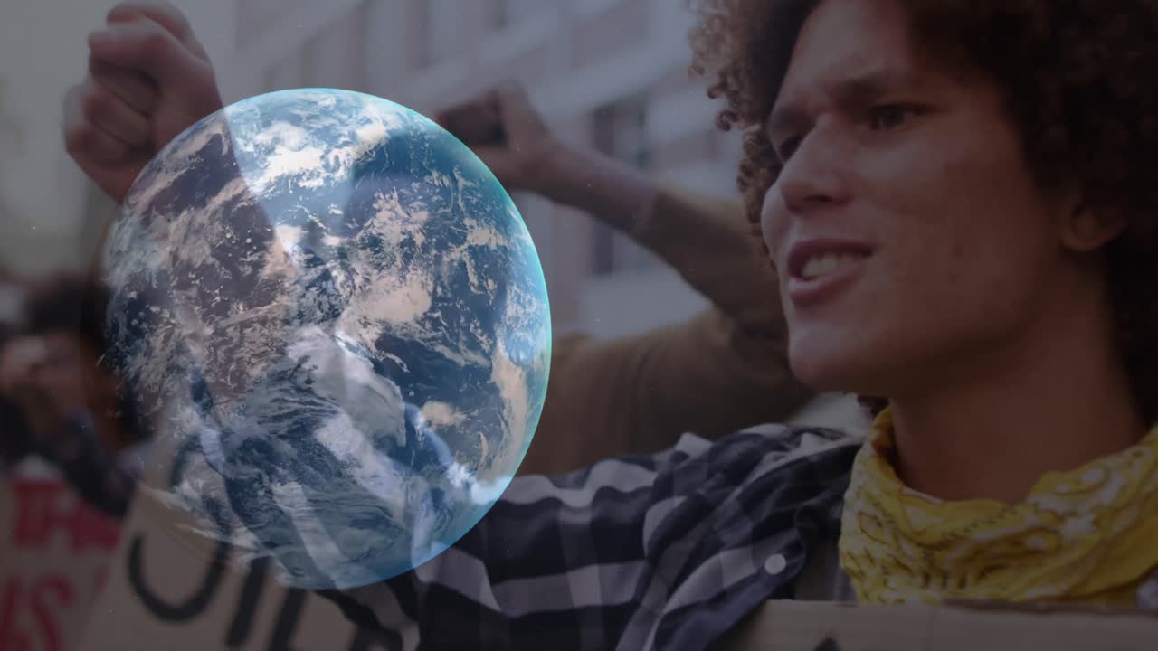 animación del globo girando más gente gritando en la manifestación