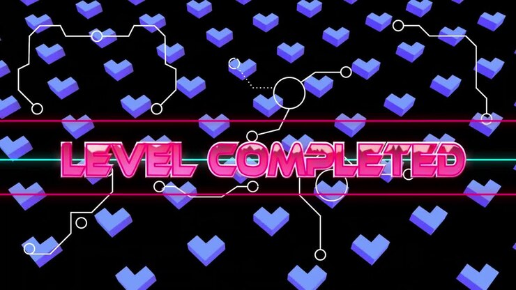 Animation of level completed over black background with 3d hearts