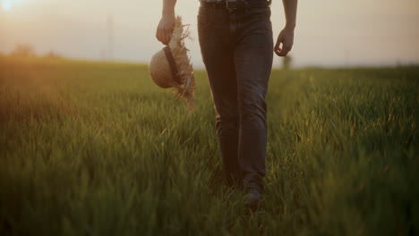 farmer with straw hat in farm at sunset