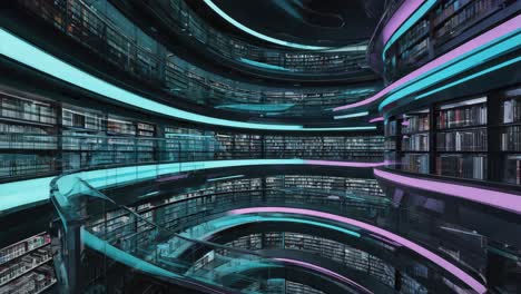 futuristic library interior with modern design and bookshelves