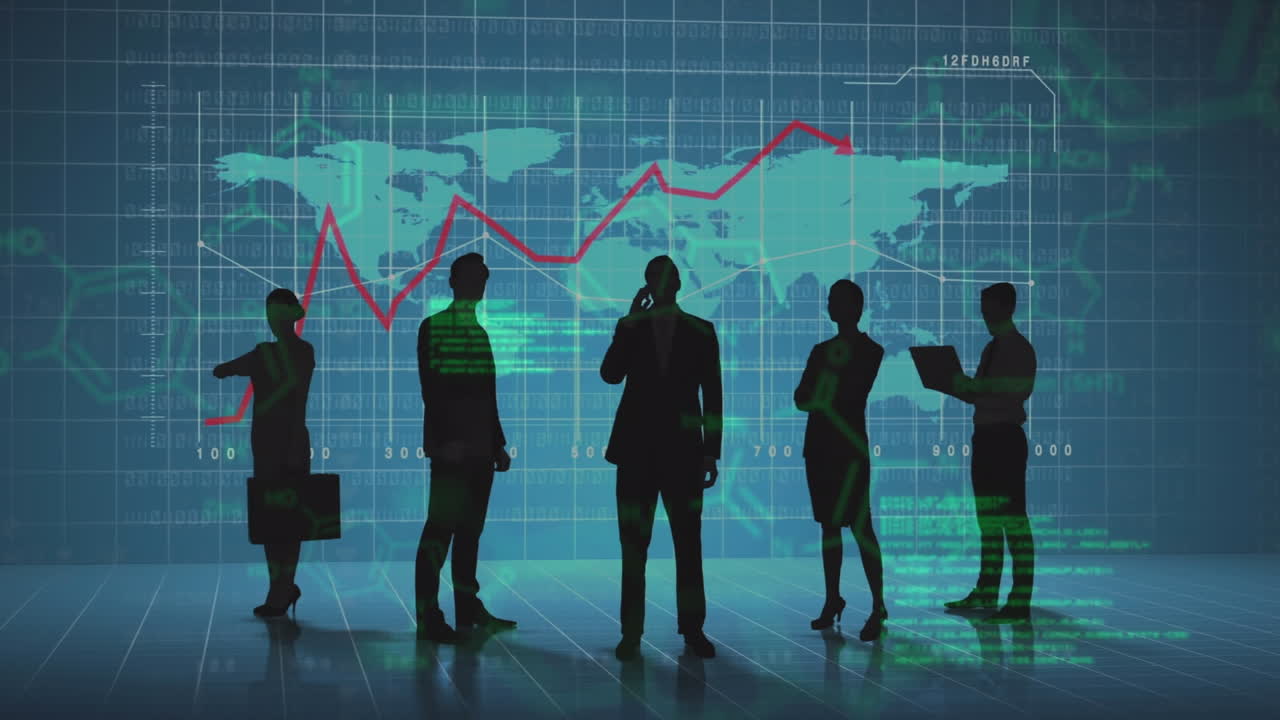 Animation of data processing over world map and business people silhouettes