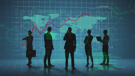 animation of data processing over world map and business people silhouettes