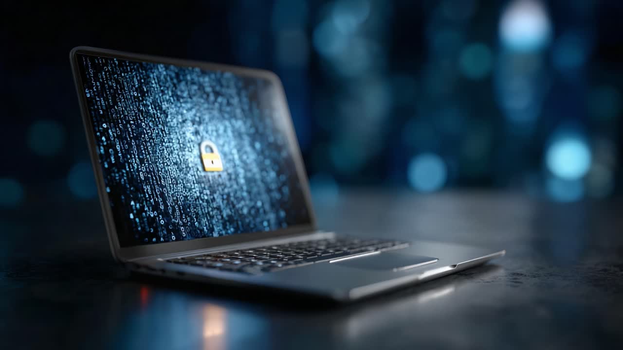 A Modern Laptop Displaying Digital Security with Binary Code Background, Highlighting Encryption Concepts and Technological Protection Measures