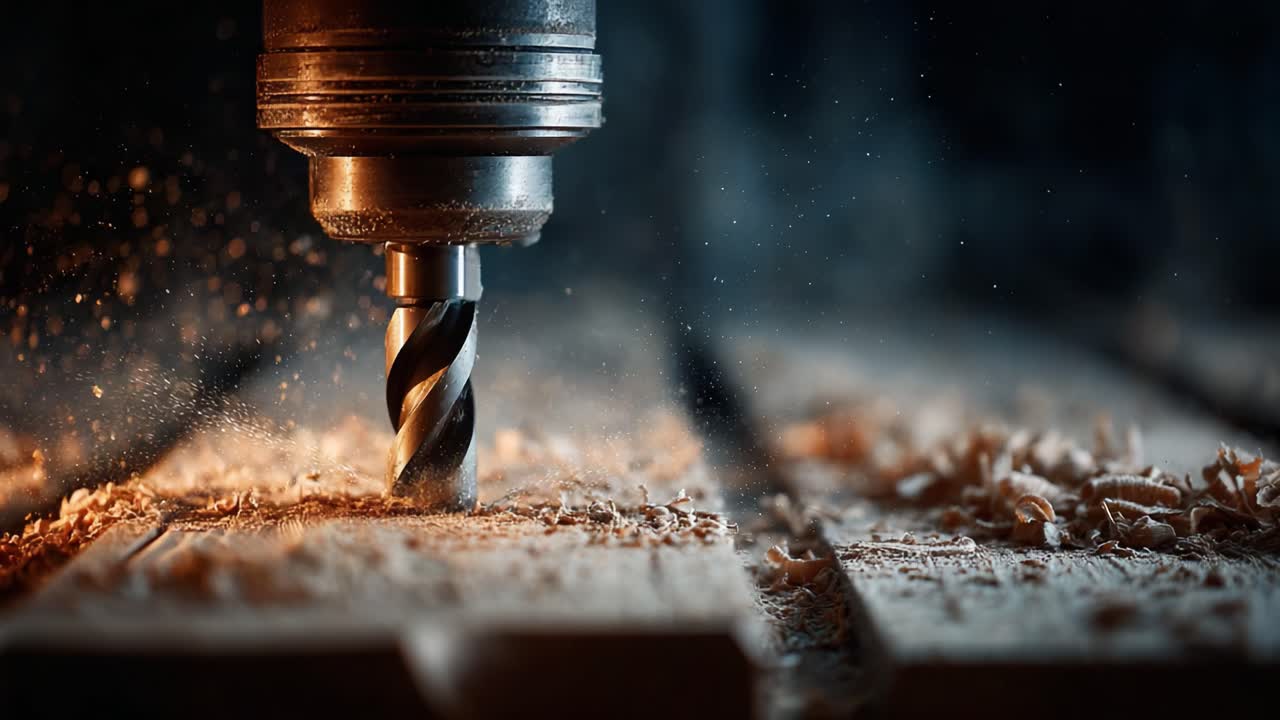 Close-Up of a Precision Drill Bit Creating Fine Wood Shavings During the Crafting Process, Highlighting the Art of Woodworking and Detailing in Craftsmanship