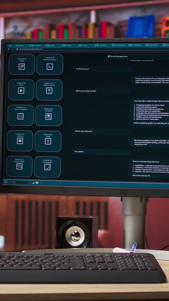Vertical video AI LLM chatbot on computer screen in home office