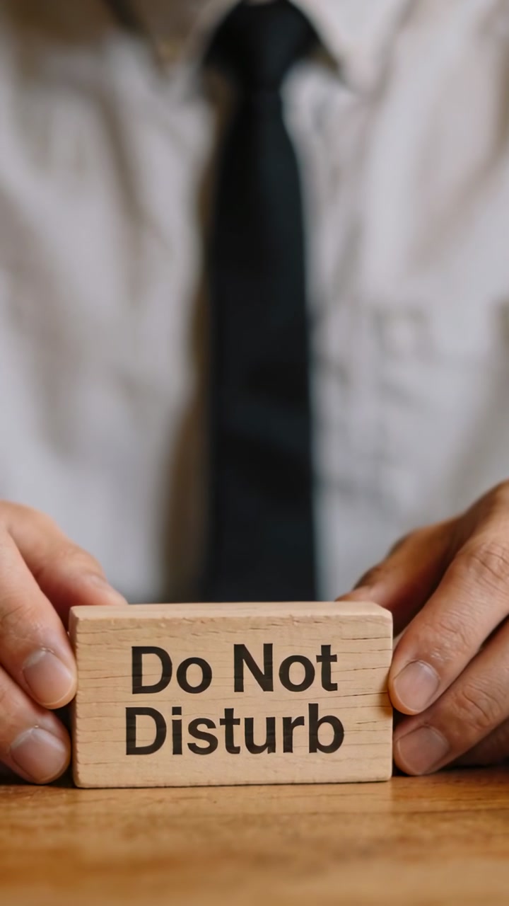 Vertical video: Bringing Do Not Disturb block, man in shirt and tie nudging it on desk, for privacy