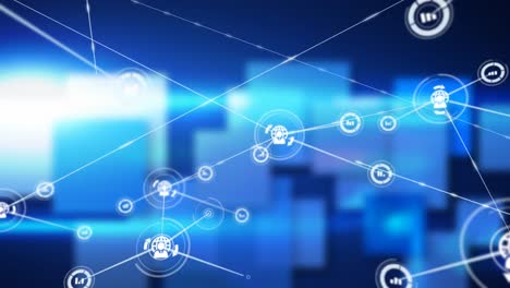 animation of network of connections with icons over shapes on blue background