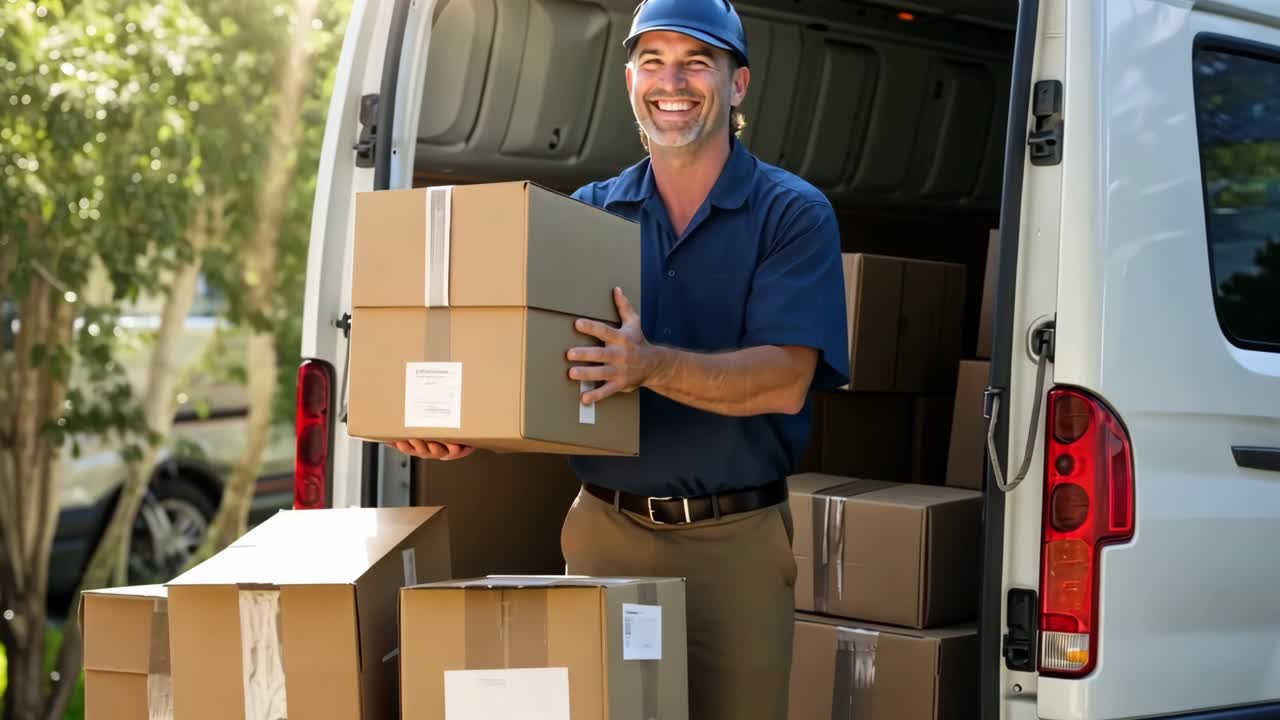 A delivery worker smiles while unloading boxes from a van, captured from a low-angle shot