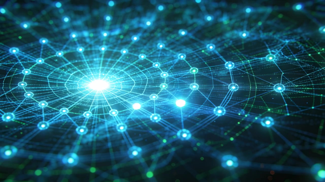 Pulsing bright hub sending waves through lit nodes on dark plane, visualizing data flow