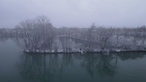 Baumreihen-Des-Detroit-River-Am-Ufer-Mit-Geschlossenen-Teichen-In-Der-Wintersaison,-Luftaufnahme
