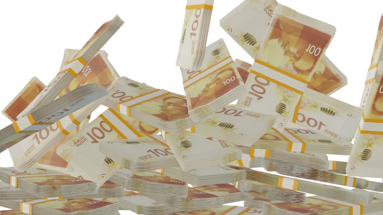 Viele Geldbündel fallen auf den Tisch. 100 israelische Schekel-Banknoten. Geldstapel