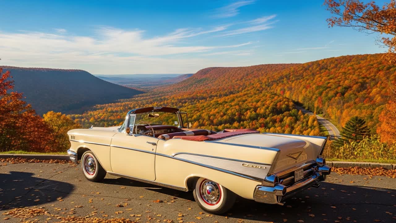 Stunning Autumn Landscape with a Classic Convertible Car Overlooking Vibrant Fall Foliage in a Scenic Mountain Valley