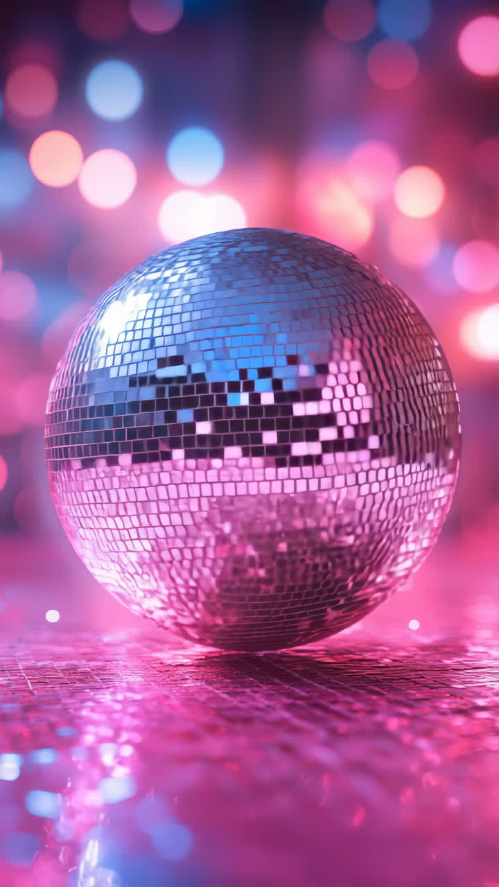 Shiny disco ball at dance party. A sparkling disco ball reflects vibrant colors around a lively dance party at night, creating a festive atmosphere.