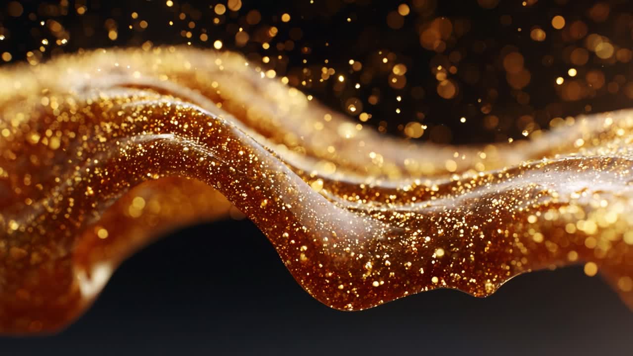 Captivating Waves of Golden Liquid Sparkle: A Mesmerizing Display of Shimmering Particles and Sensational Fluidity in Motion