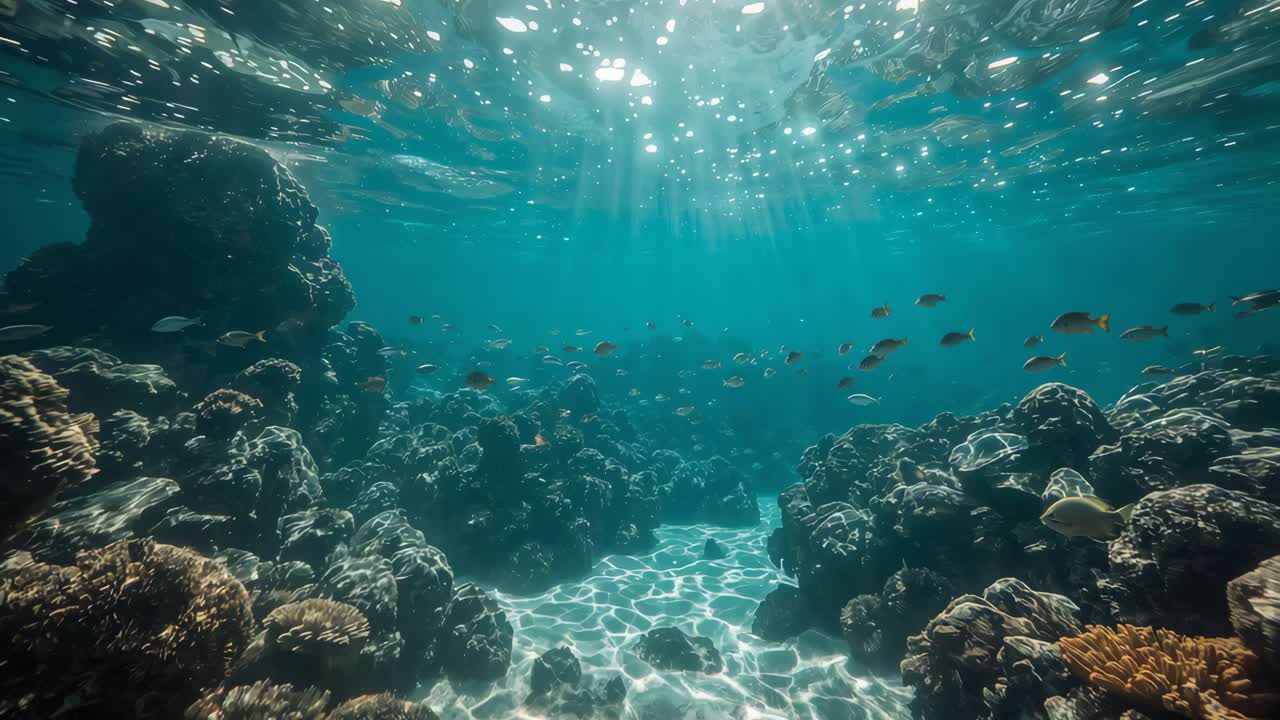Underwater scene of a coral reef with fish and sunlight