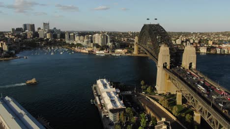 Bahía-De-Sydney-Y-Puente-Del-Puerto-Vistos-Desde-Un-Dron,-Australia