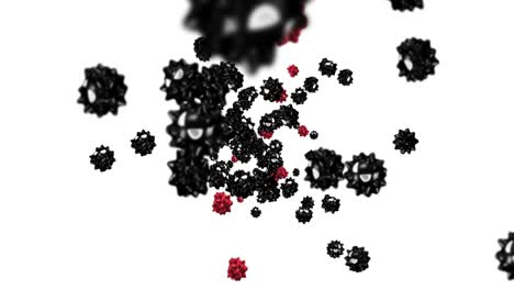 volando muchos virus en personaje de dibujos animados. rojo y negro. nueva cepa. variante. concepto médico. mascota de virus con enojado. animación de bucle 3d.