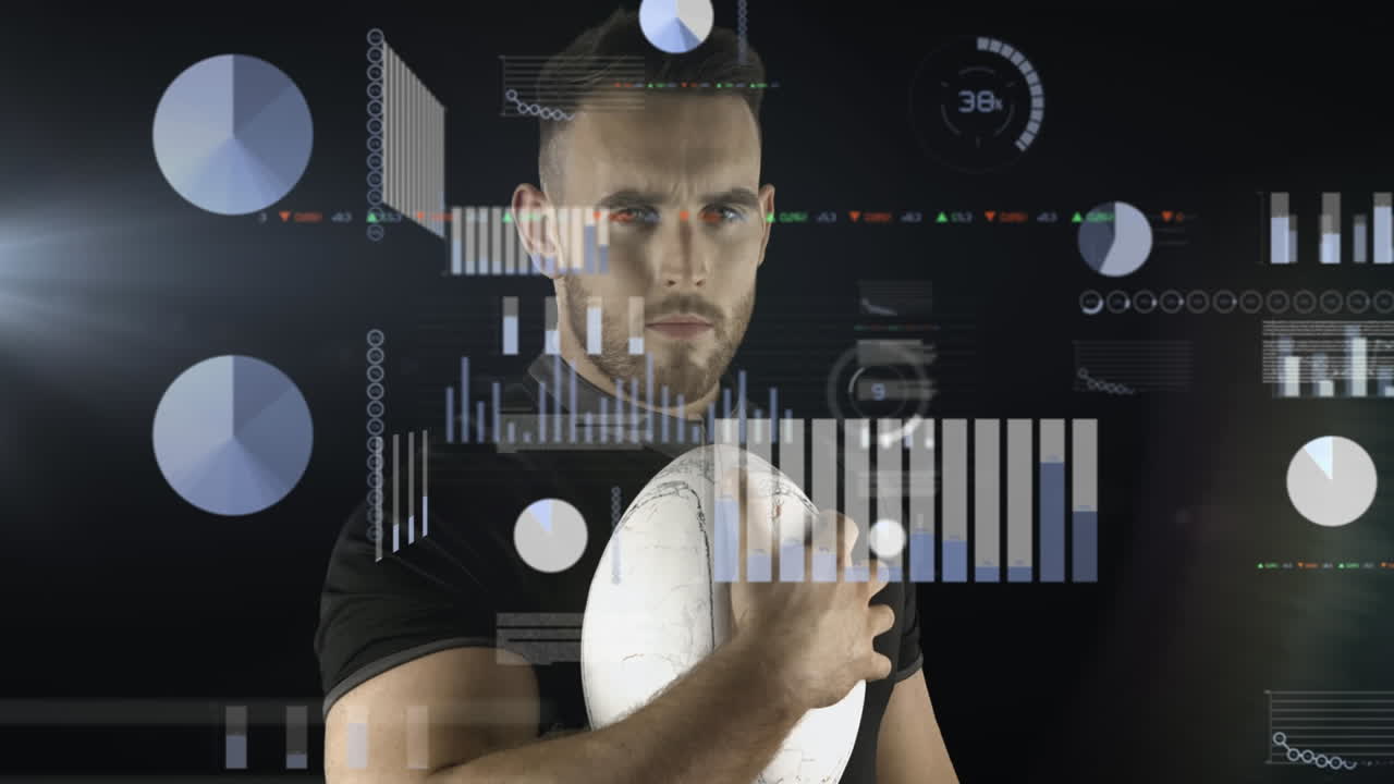 Animation of data processing over caucasian male rugby player on black background