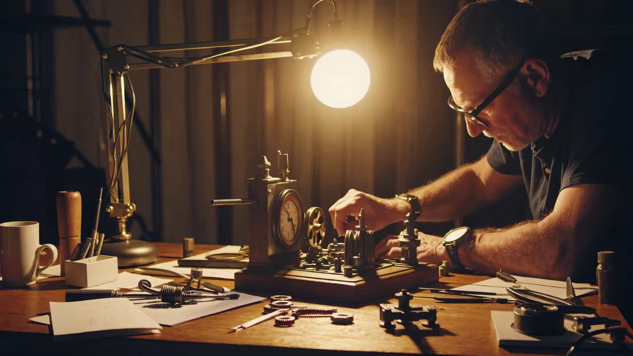 A craftsman intensely works on intricate machinery under warm lighting