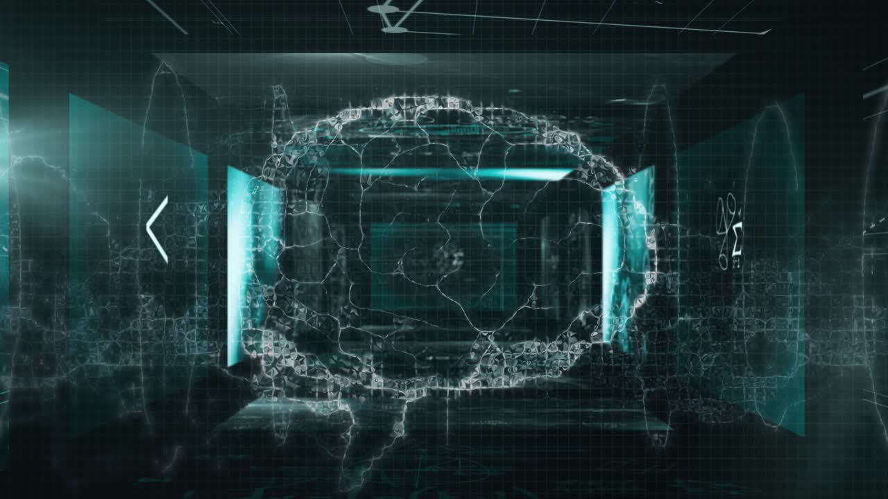Animation of brain over globe and digital screens on black background