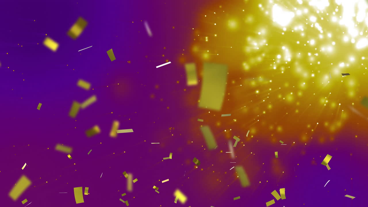 Animação de confetes dourados caindo sobre fundo roxo e amarelo cintilante
