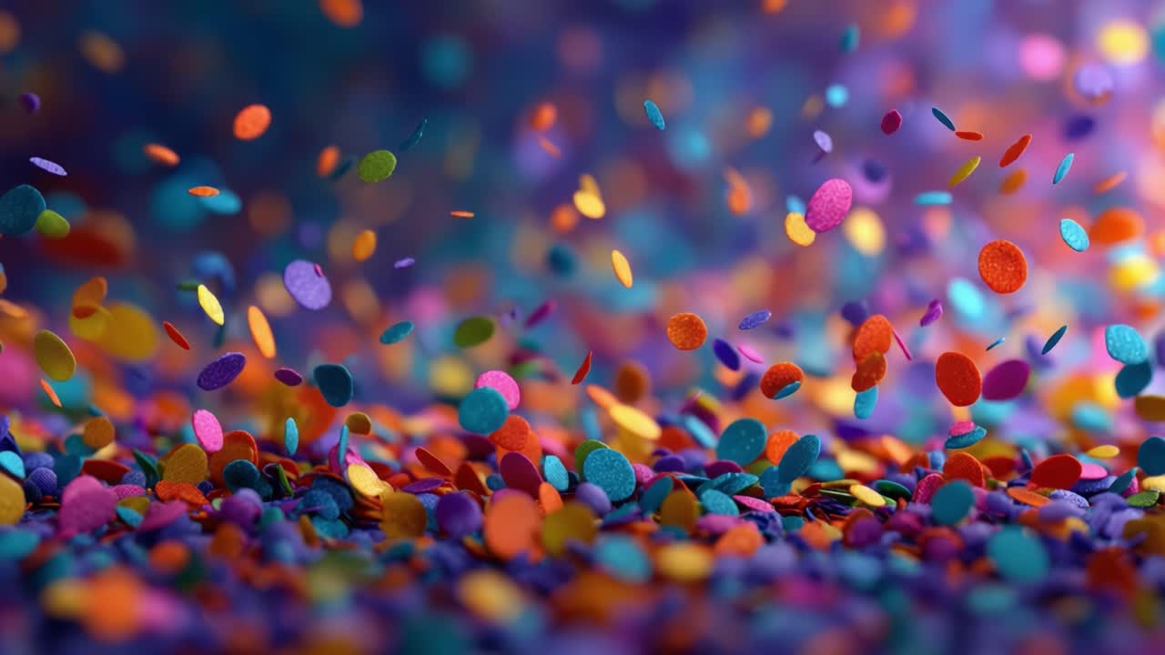 Un vivace primo piano di coriandoli colorati che danzano nell'aria, creando un'atmosfera festosa catturata in splendidi dettagli per un'ambientazione celebrativa