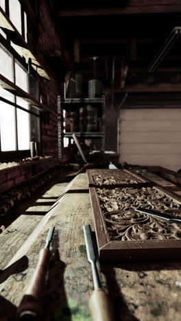 close up of hand carved wood panels in a workshop