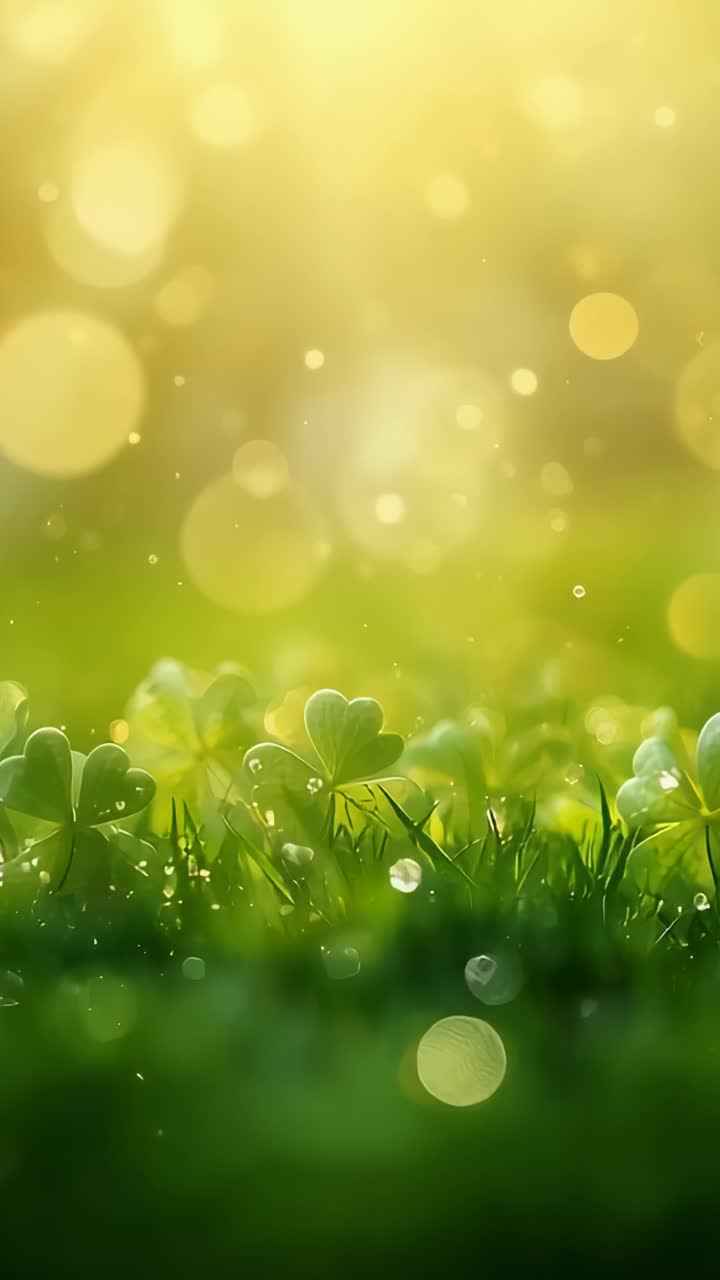 Vídeo vertical: Trevo e grama cintilantes sob o sol quente em um prado com gotas de orvalho e bokeh