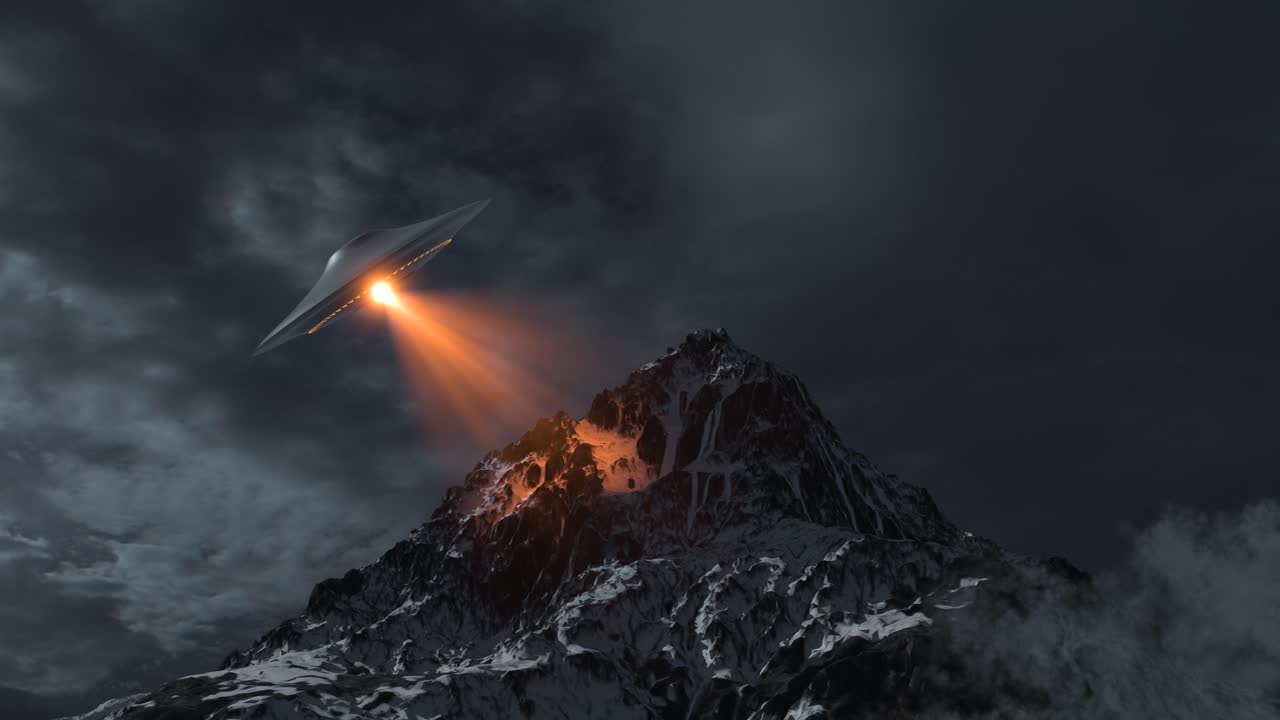 UFO flying over a snow-capped mountain at night
