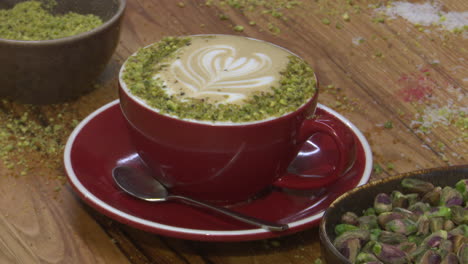 pistachio latte with heart foam