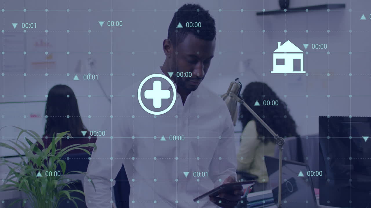 Animation of media icons and data processing over diverse colleagues working in office