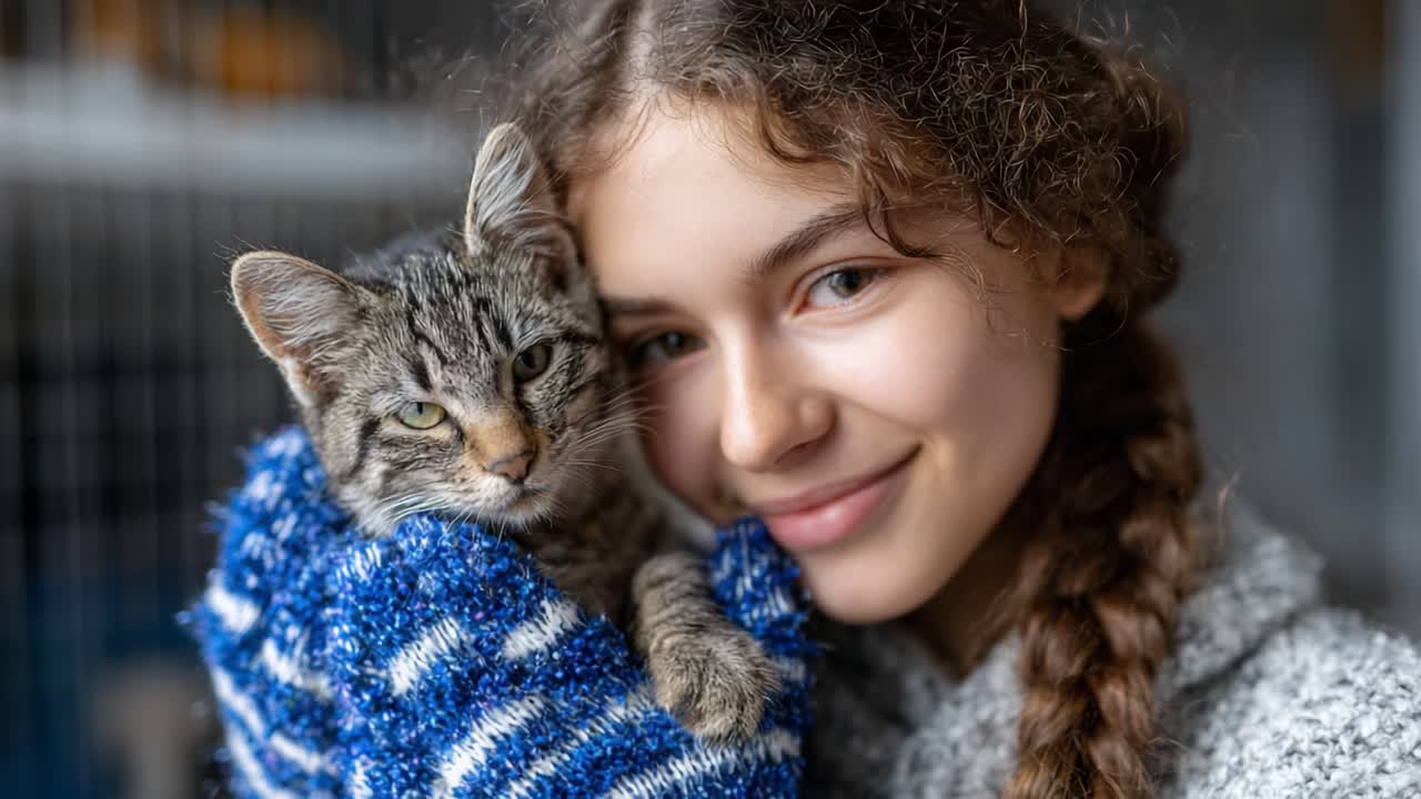 A Heartwarming Moment: A Young Girl Embraces Her Adorable Feline Companion With a Genuine Smile, Capturing the Bond Between Pets and Their Owners