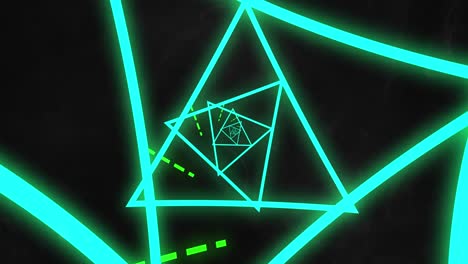 Multiple-neon-triangle-shapes-spinning-against-black-background