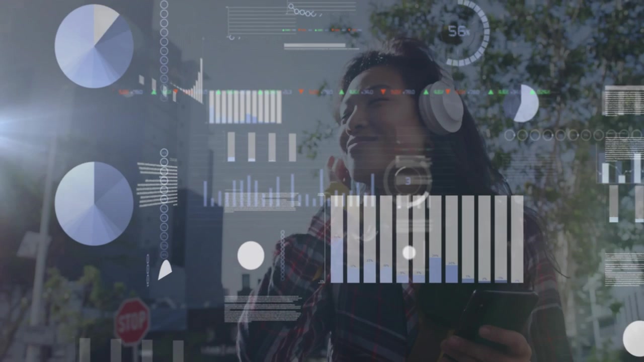 Young Woman Using Smartphone with Digital Data Overlay in City