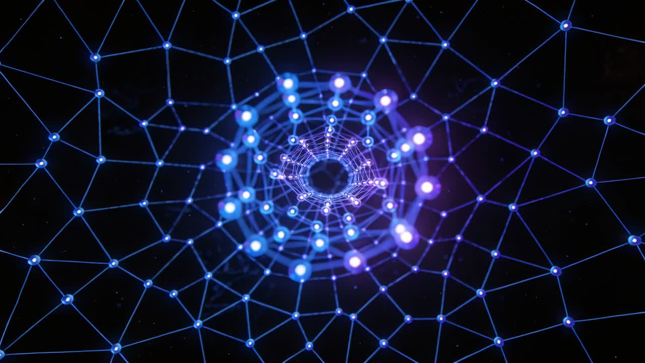 Avanzamento telecamera attraverso una rete 3D luminosa verso un'apertura centrale, rivelando nodi pulsanti.