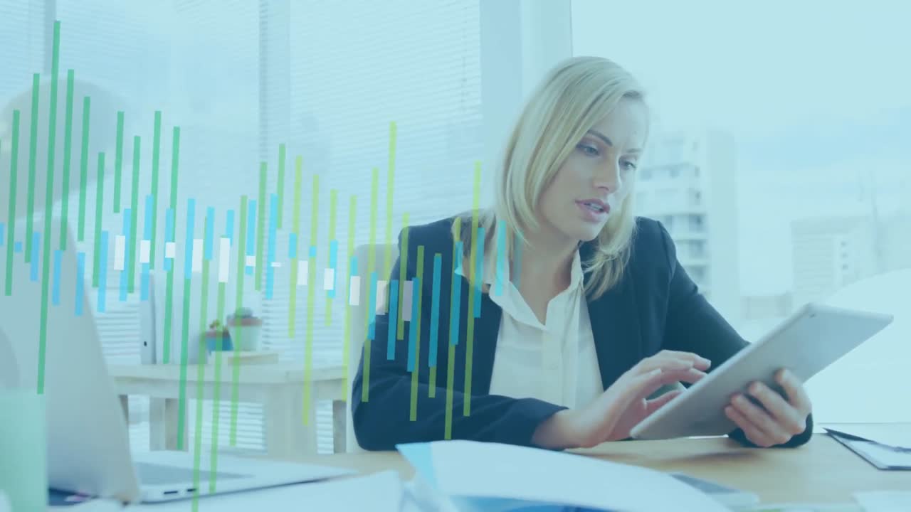 Animation of financial data processing over caucasian businesswoman using tablet