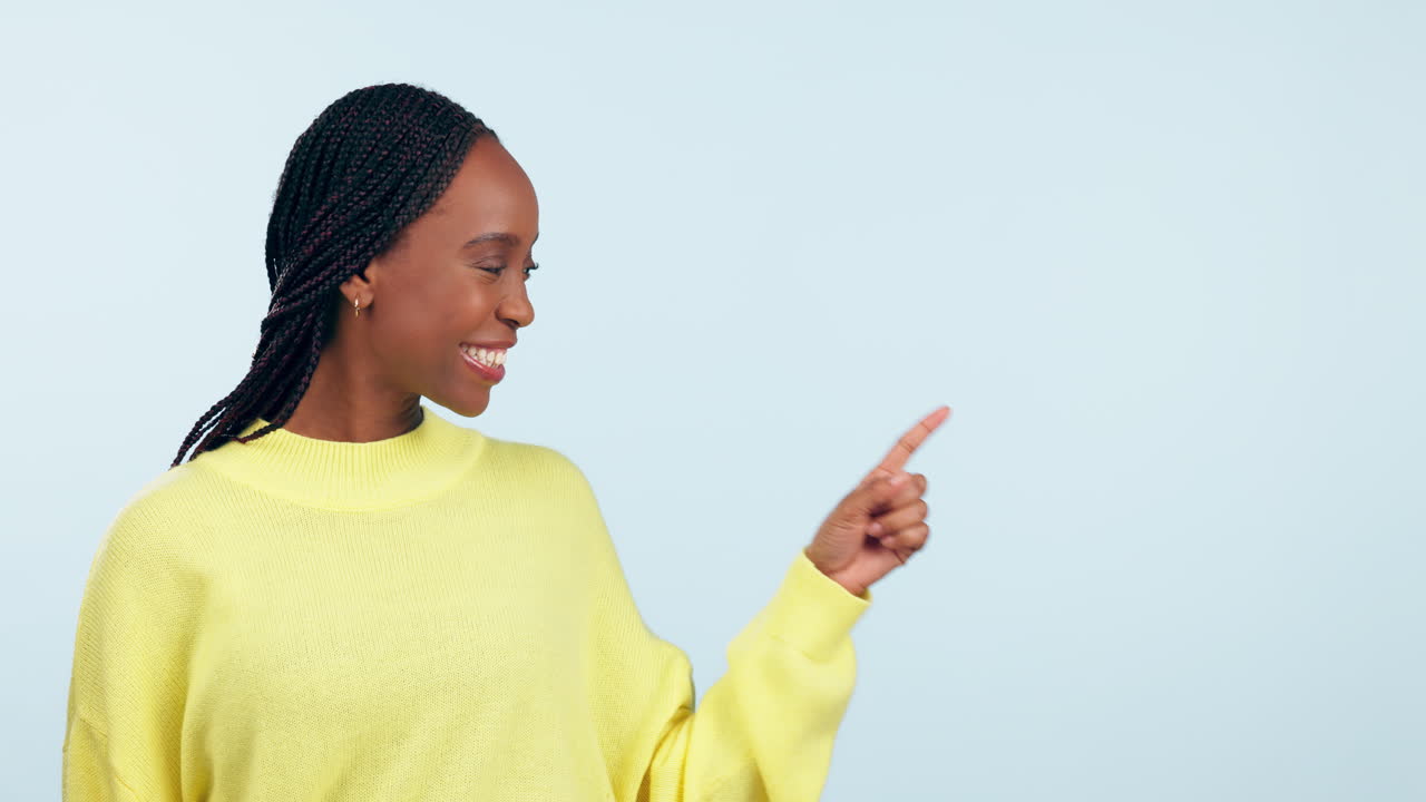 Okay, face and happy black woman point at mockup