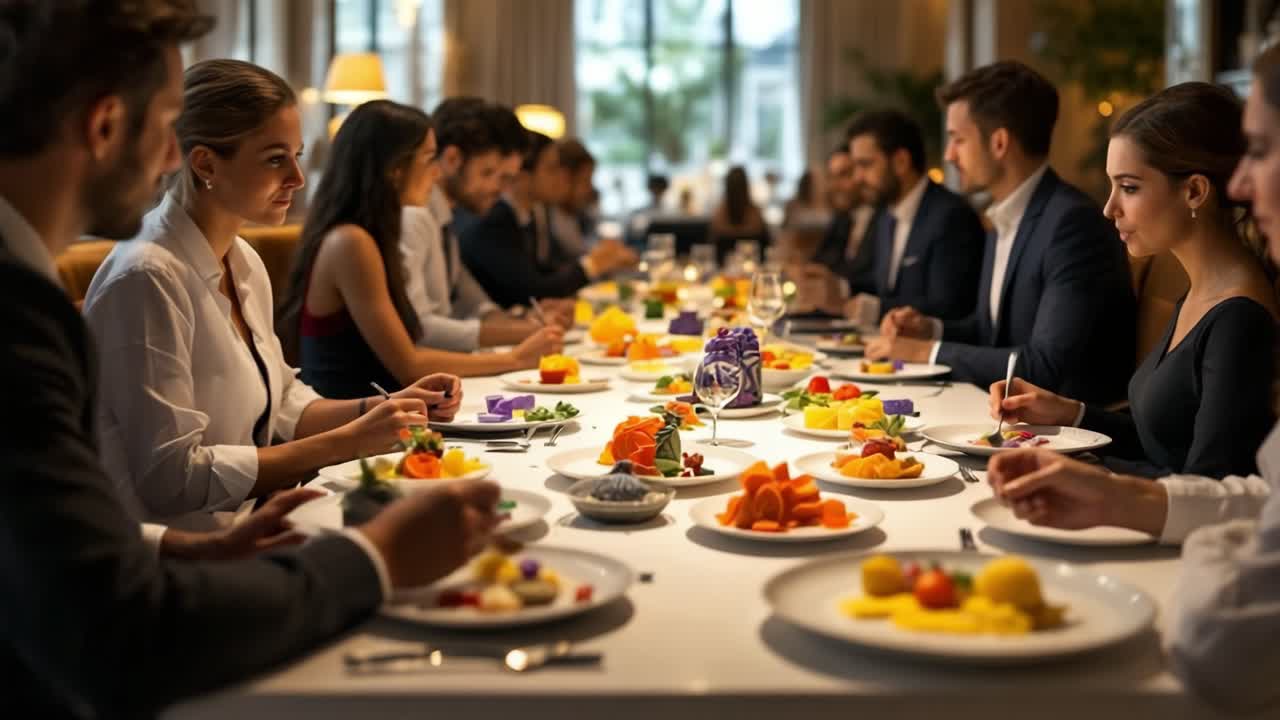 Group of diverse individuals seated around a long table, enjoying a gourmet dinner with colorful dishes, elegant table settings, and a warm ambiance, creating a lively dining experience