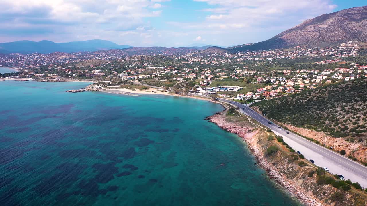 Amazing turquoise water in the Agean coast of Attica Sunio filmed by drone
